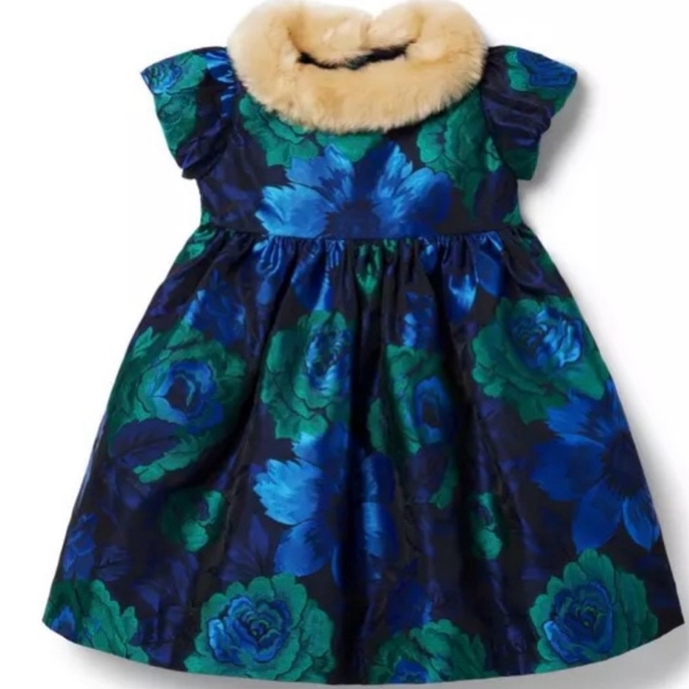 Janie and Jack Blue and Green Floral Dress with Faux Fur Collar… Size 6